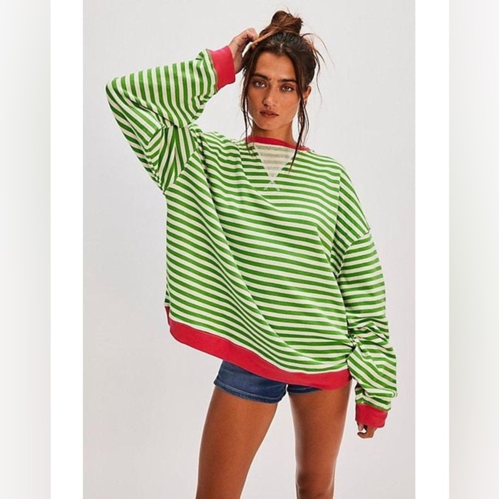 Free People Green and Red Striped Sweater